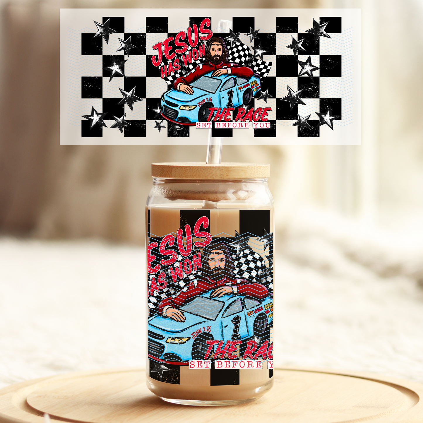 Jesus has won the race v1 - 16oz Glass UV DTF Transfer Film