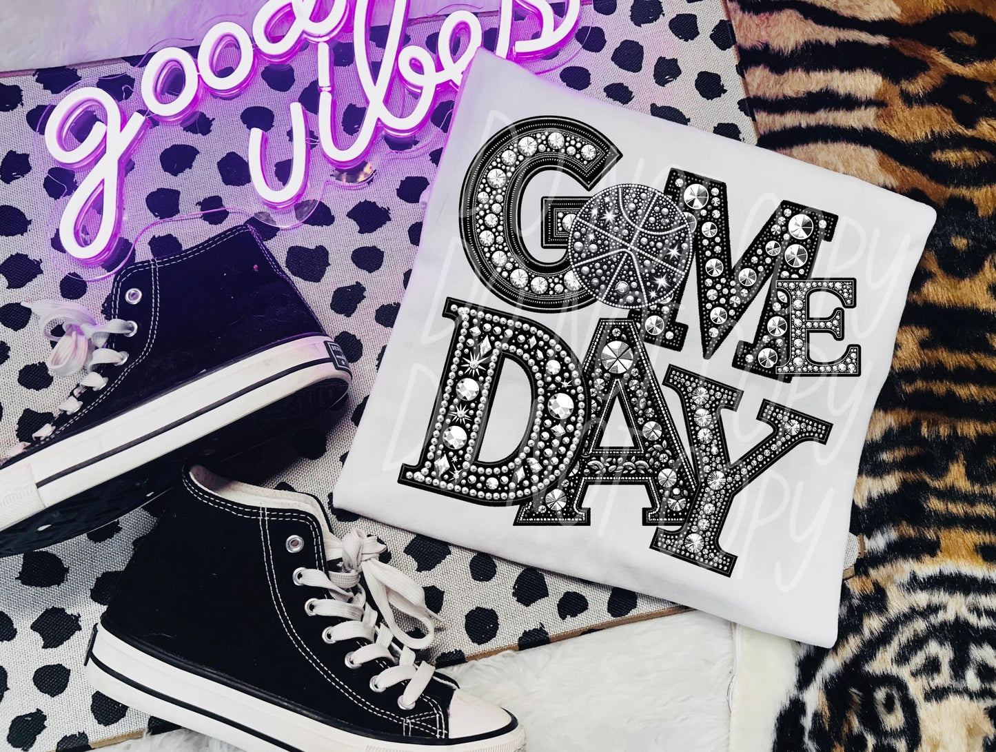 Game Day Basketball - Faux Rhinestone Faux Embroidered DTF Transfer Film
