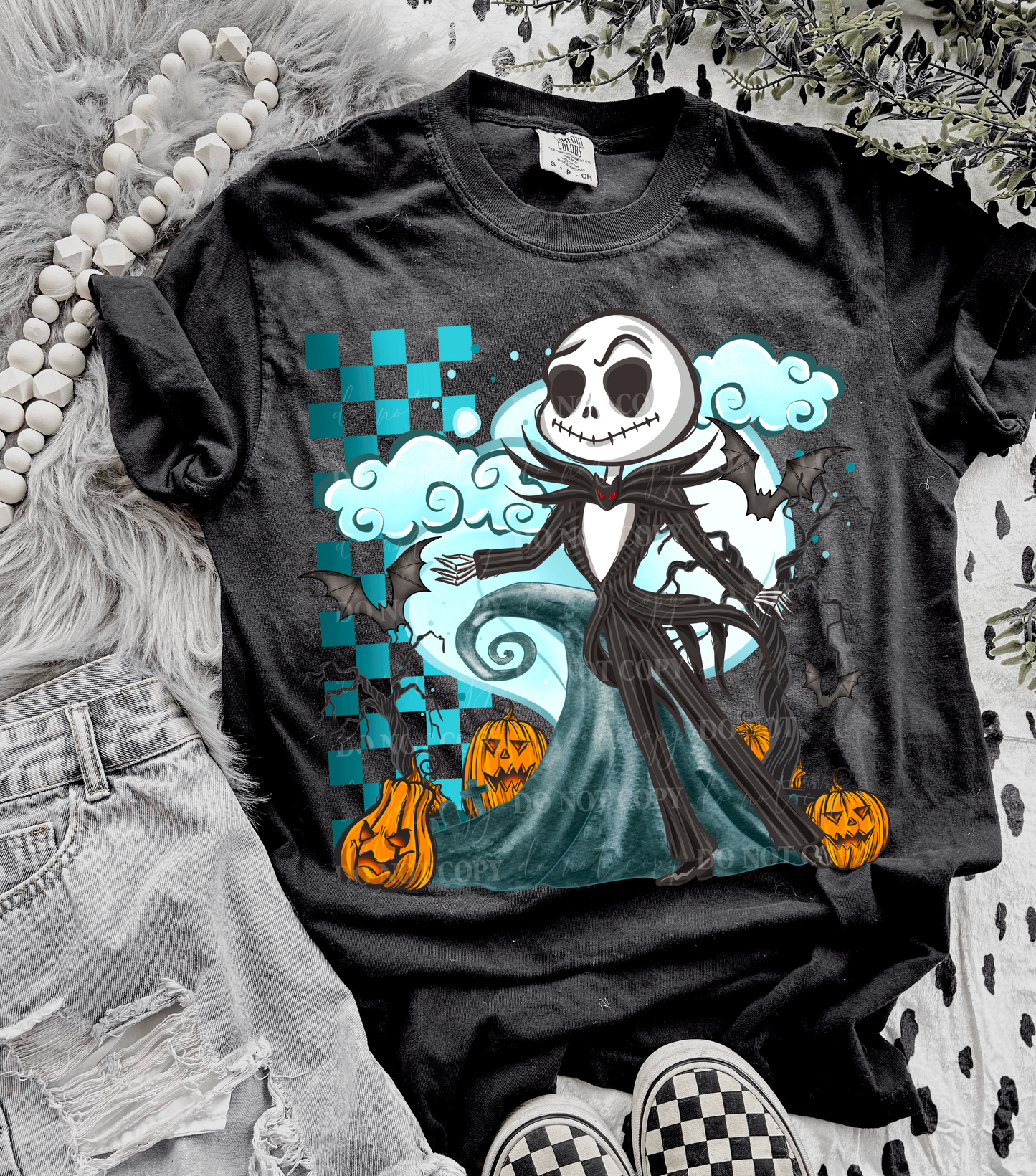 Teal Checker NBC with Pumpkin DTF Transfer Film