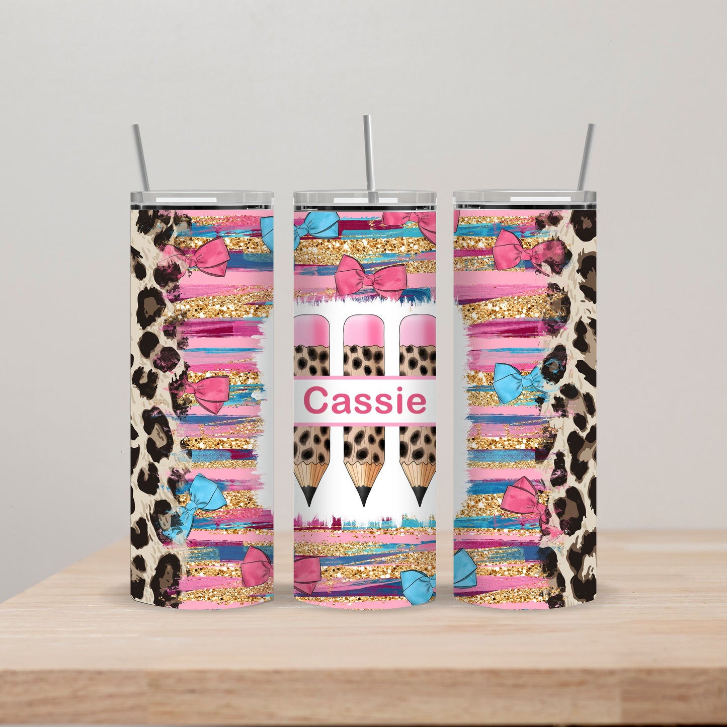 Cheetah Bow Tumbler with Name 20oz Straight Insulated Tumbler