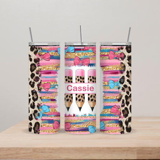 Cheetah Bow Tumbler with Name 20oz Straight Insulated Tumbler