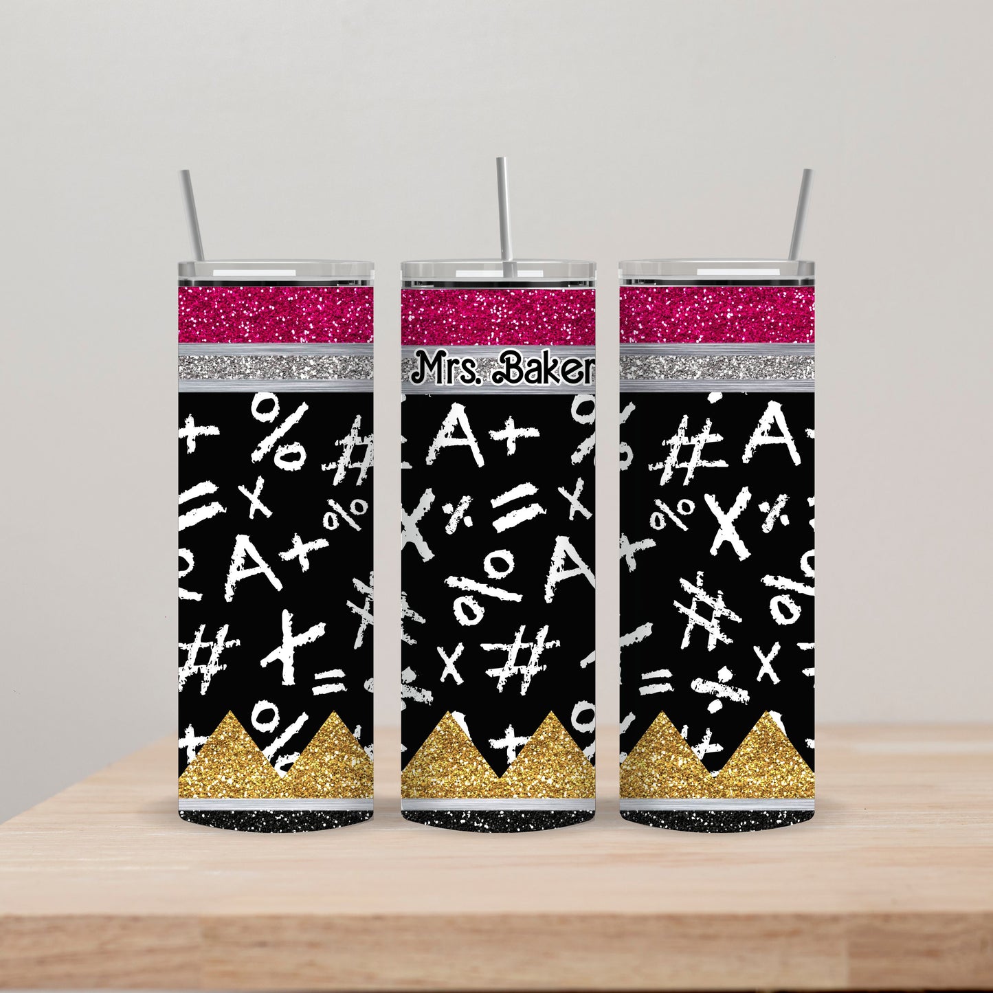 Glitter Teacher Pencil Tumbler with Name 20oz Straight Insulated Tumbler