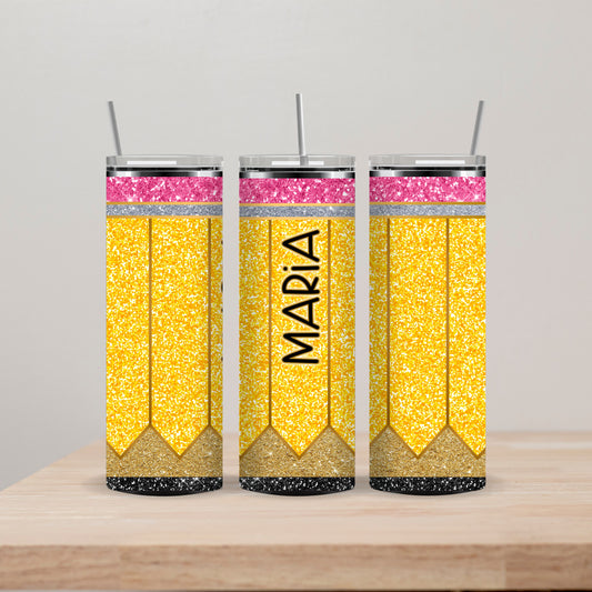 Glitter Pencil Tumbler with Name 20oz Straight Insulated Tumbler