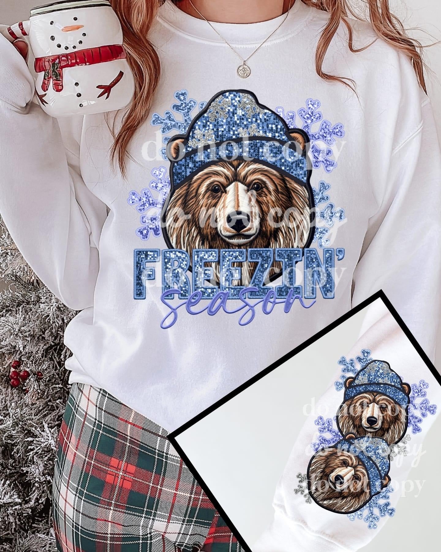 Matching DTF Series - Front & Sleeve - Faux Sequin & Embroidered Freezin’ Season Bear