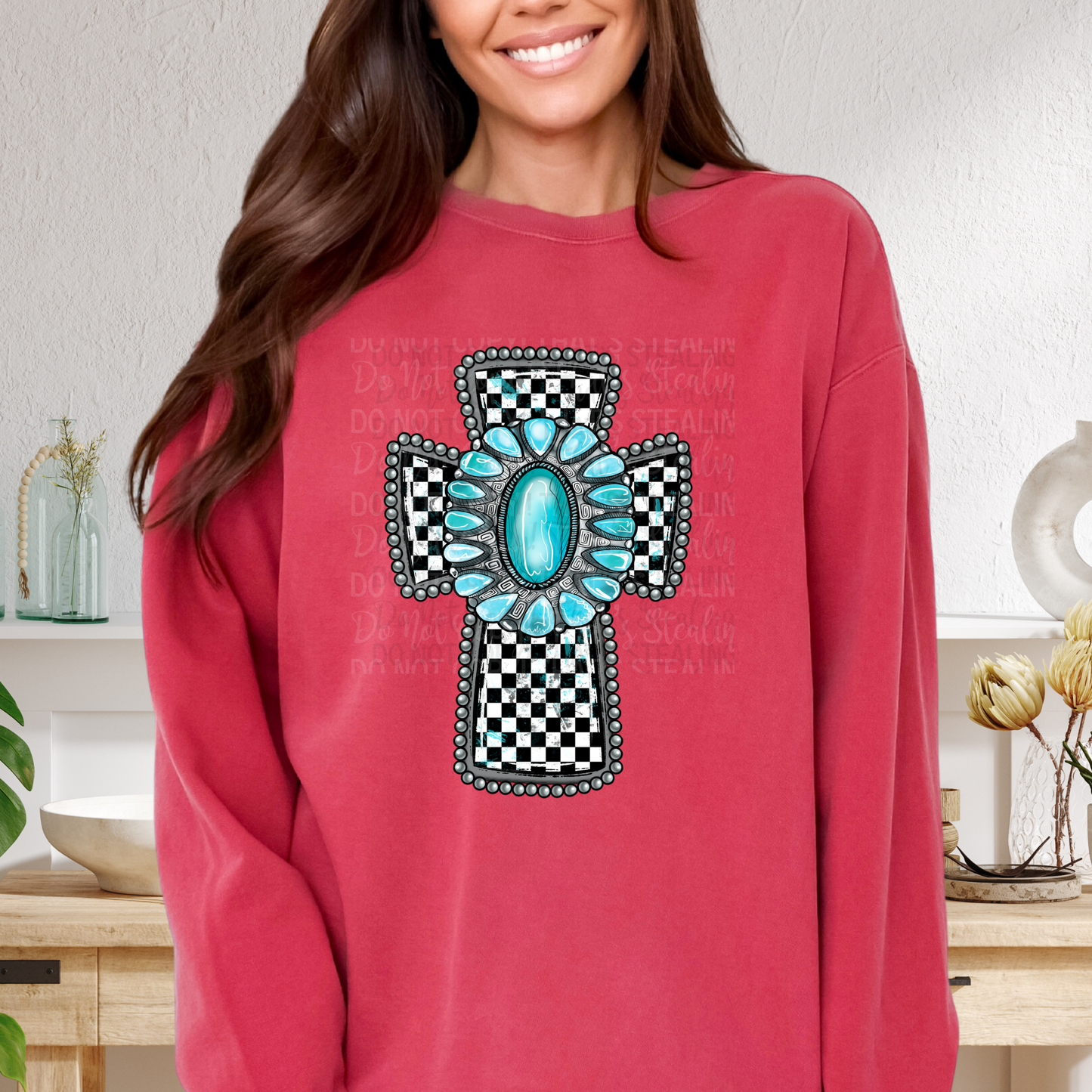 Turquoise Checkered Cross DTF Transfer Film SD015