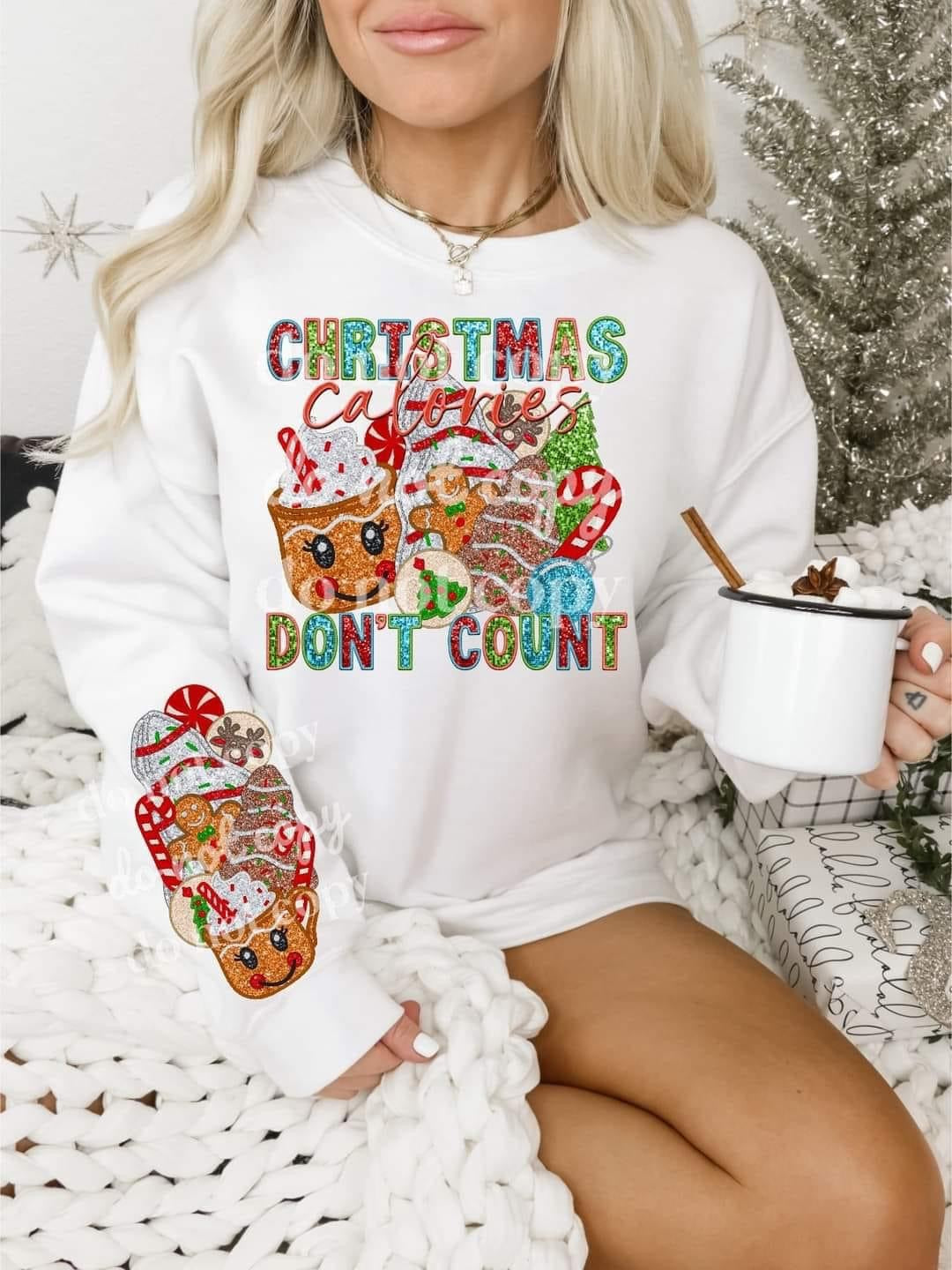 Matching DTF Series - Front & Sleeve - Faux Sequin & Embroidered - Christmas Calories don’t count