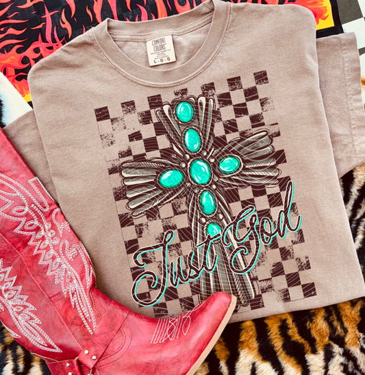 Just God Turquoise Checker Cross DTF Transfer Film A055