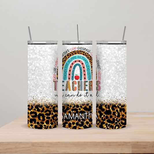 Cheetah Print Teacher Rainbow Tumbler with Name 20oz Straight Insulated Tumbler