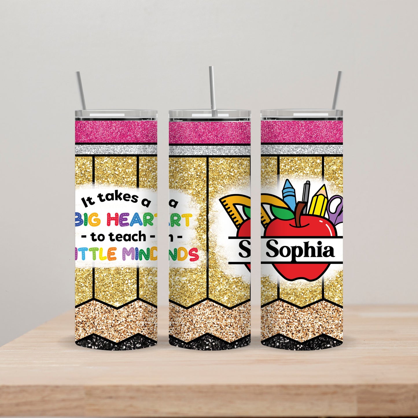 Glitter Pencil Teacher with big Heart Tumbler with Name 20oz Straight Insulated Tumbler