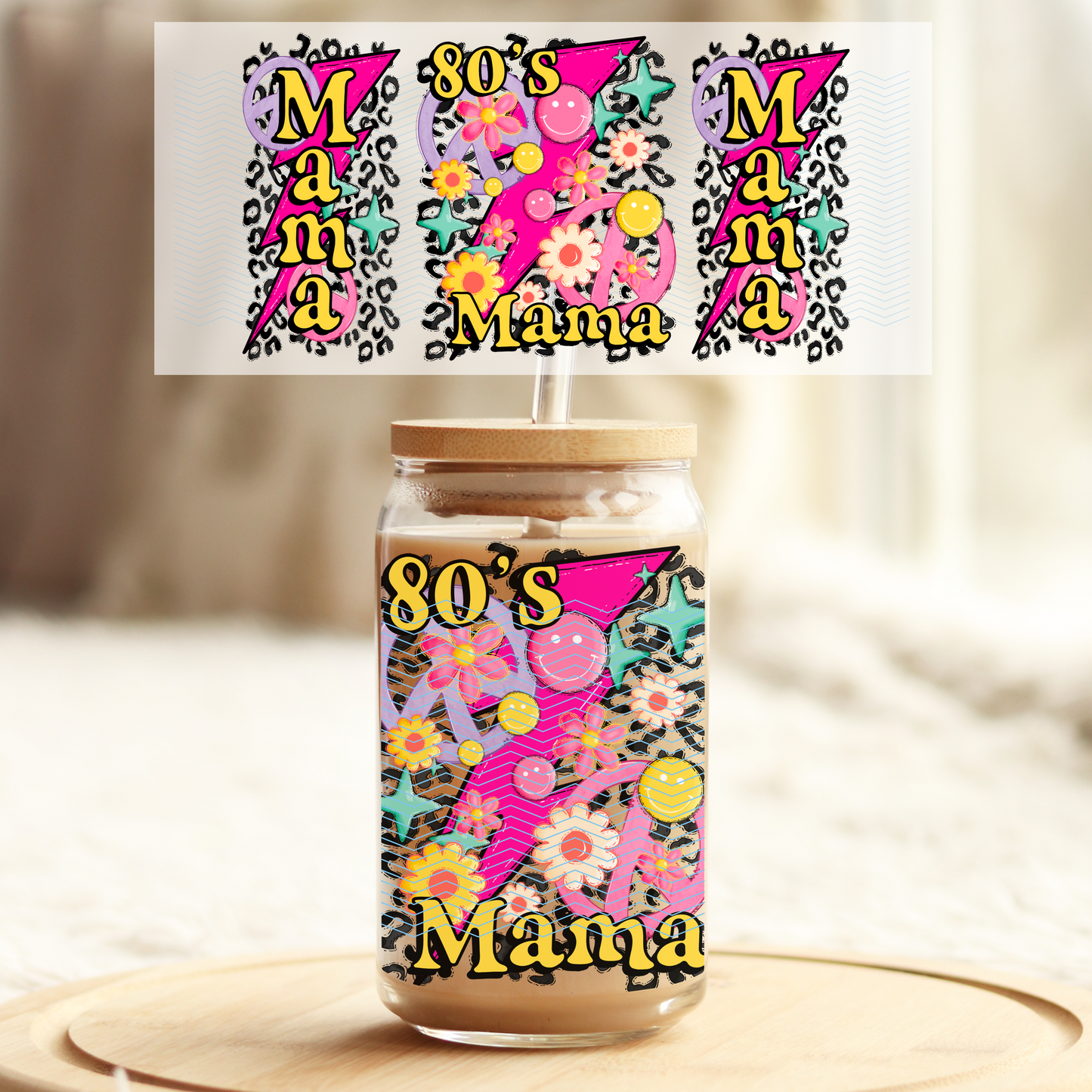 Retro 80’s Mama 16oz Glass UV DTF Transfer Film