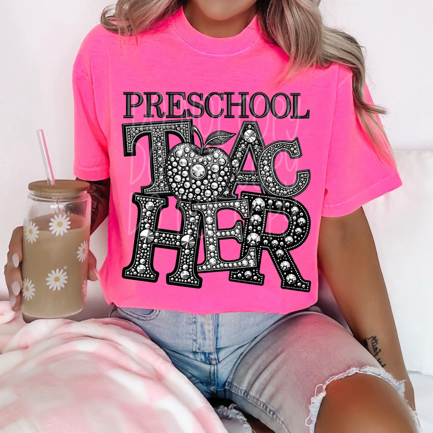 Preschool Grade Teacher - Faux Rhinestone Faux Embroidered DTF Transfer Film