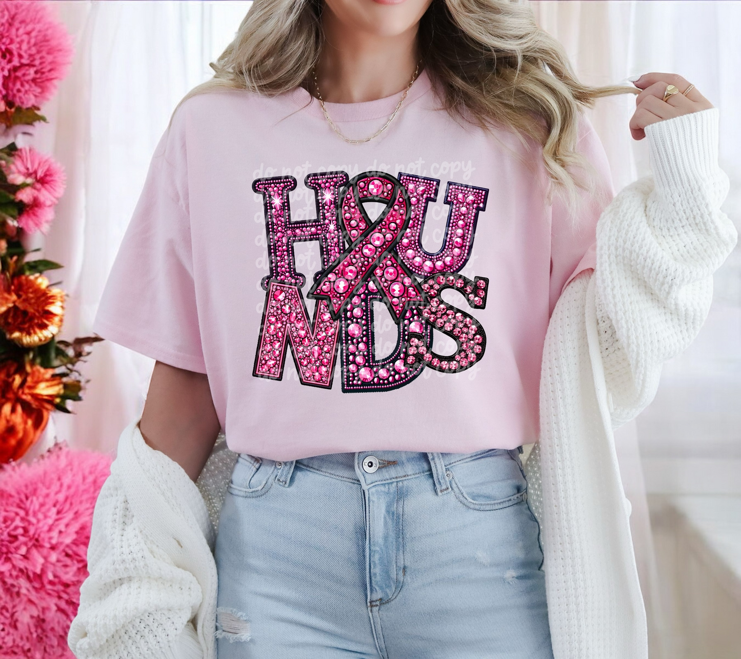 Hounds Breast Cancer Sports Mascot Faux Embroidered Faux Rhinestone DTF Transfer Film TE094