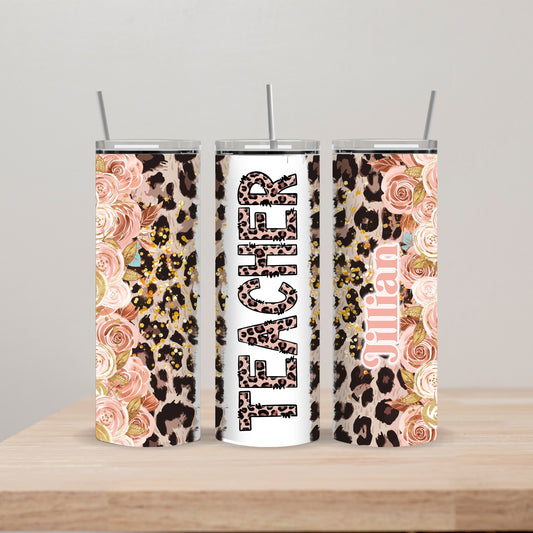 Cheetah Pink Floral Teacher Tumbler with Name 20oz Straight Insulated Tumbler