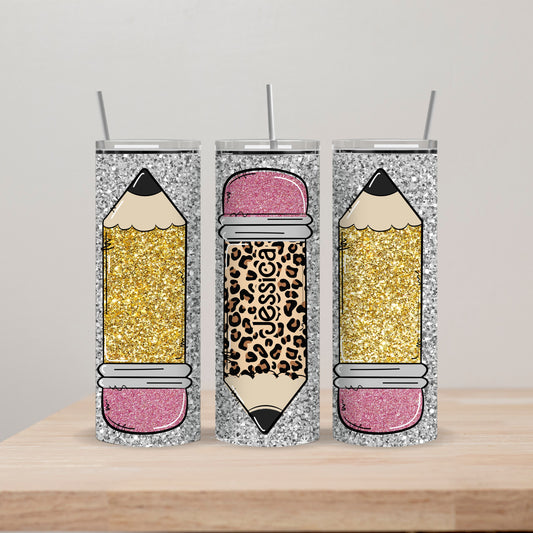 Glitter Pencil Tumbler with Name 20oz Straight Insulated Tumbler