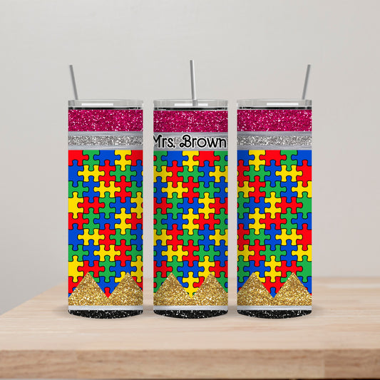 Autism Awareness Pencil Tumbler with Name 20oz Straight Insulated Tumbler