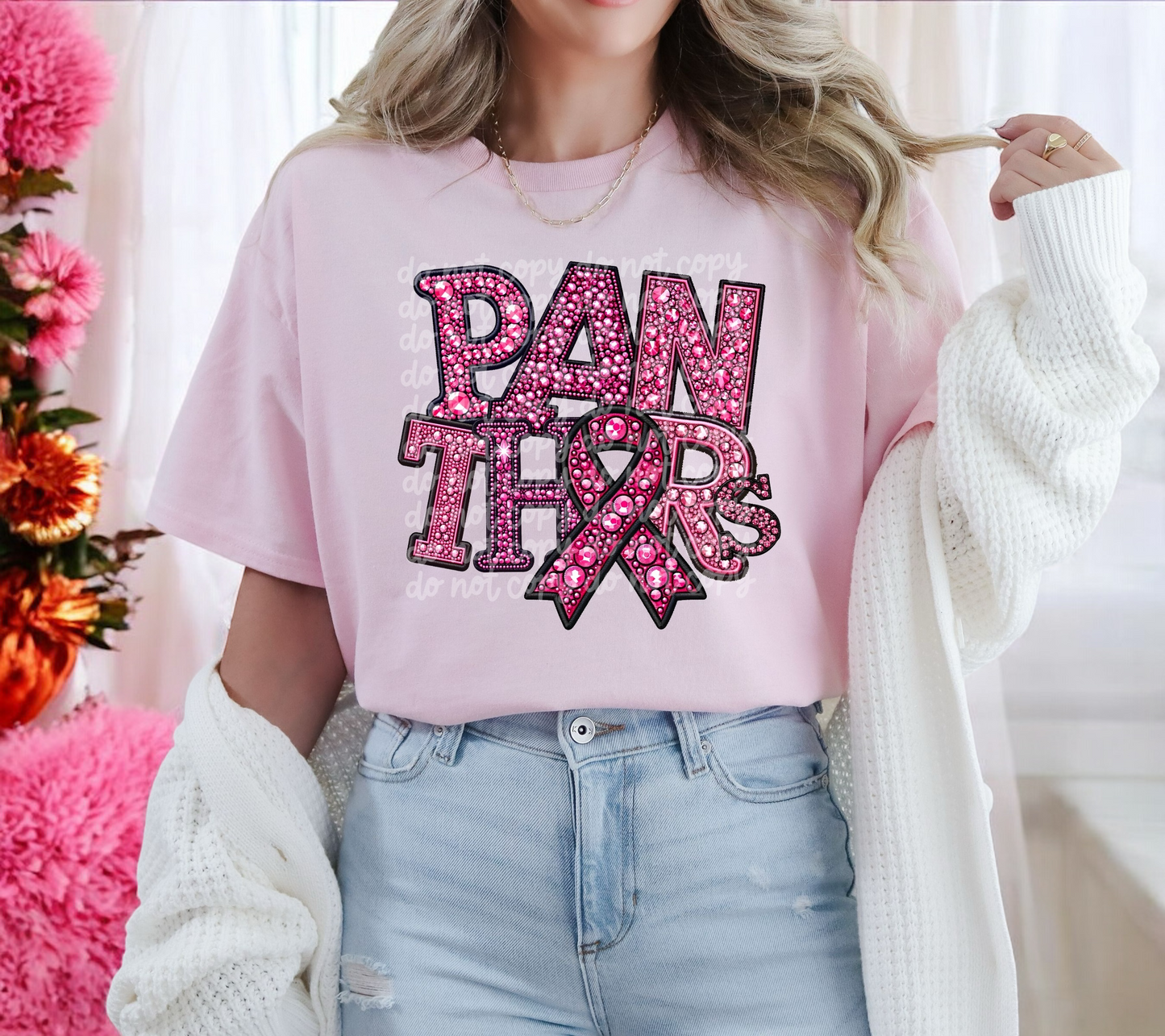 Panthers Breast Cancer Sports Mascot Faux Embroidered Faux Rhinestone DTF Transfer Film TE094