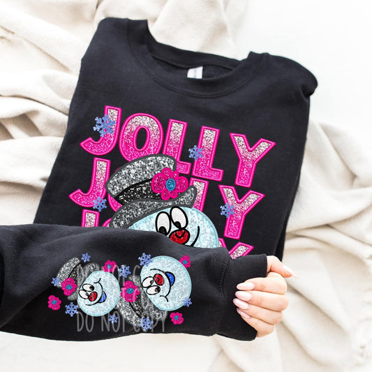 Matching DTF Series - Front & Sleeve - Faux Sequin & Embroidered - Jolly Jolly Jolly Snowman