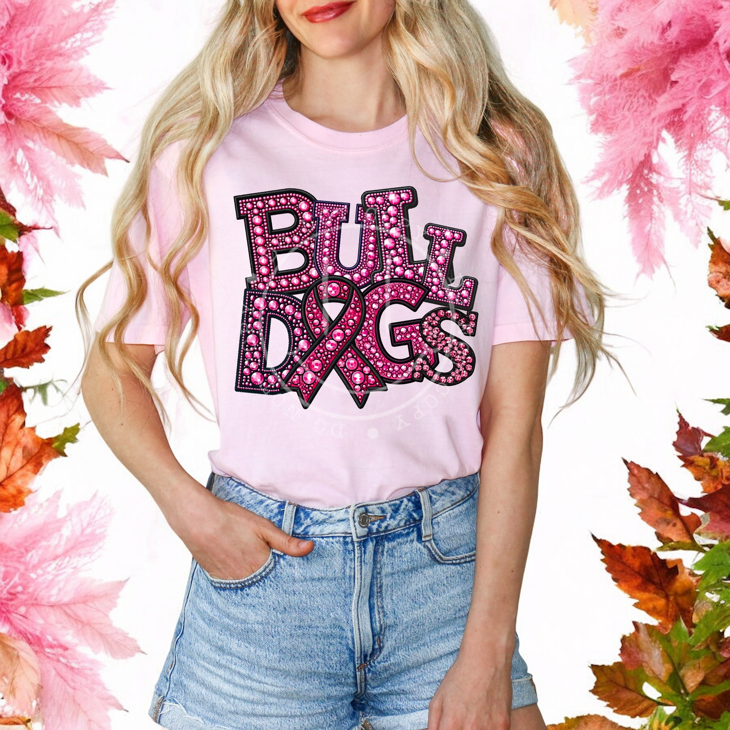 Bulldogs Breast Cancer Sports Mascot Faux Embroidered Faux Rhinestone DTF Transfer Film TE094