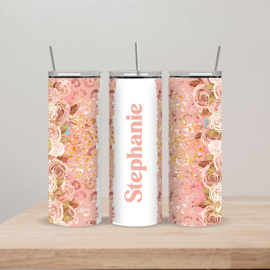 Pink and Rose Gold Floral Tumbler with Name 20oz Straight Insulated Tumbler