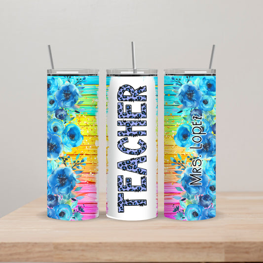 Blue Floral Teacher Tumbler with Name 20oz Straight Insulated Tumbler