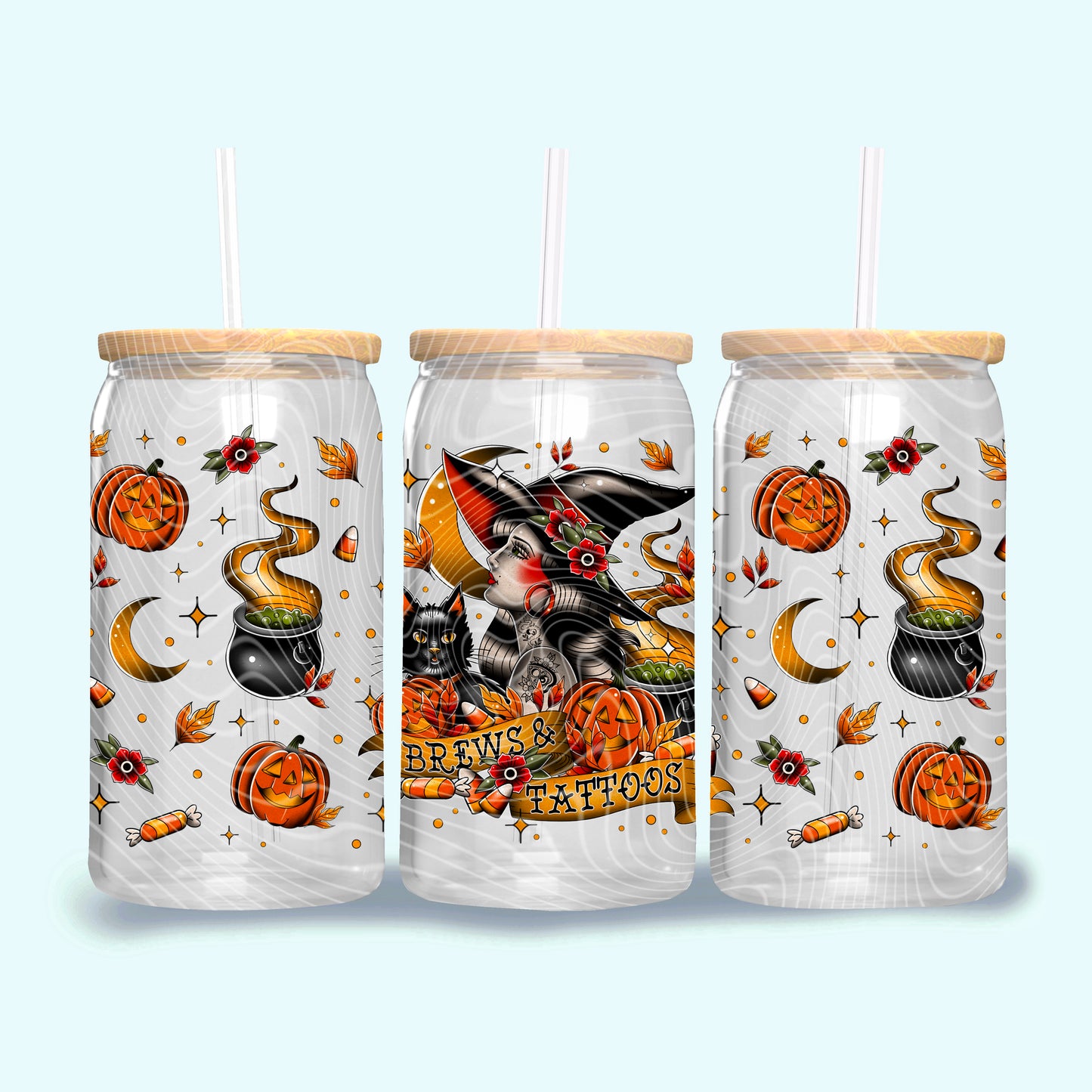 Halloween Brews & Tattoos Witch- 16oz UV DTF Transfer Film G084