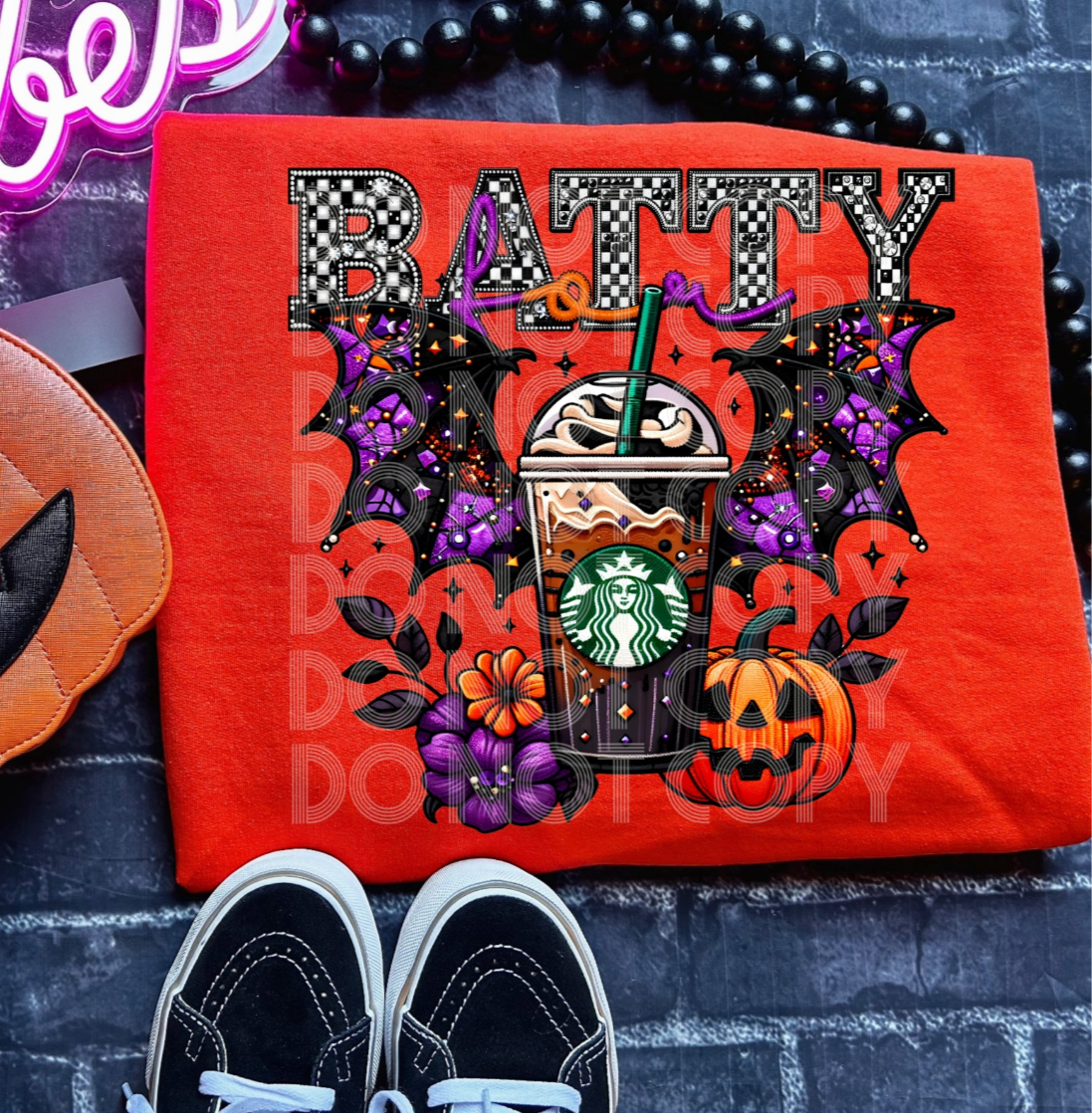 Halloween Batty coffee drink v4 Faux Embroidery DTF Transfer Film TE084