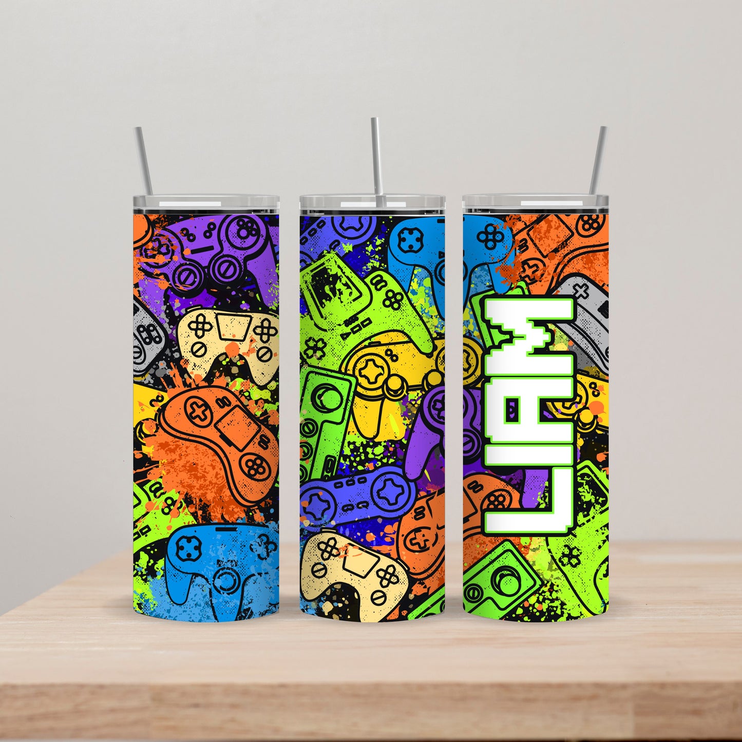 Neon Gamer Tumbler with Name 20oz Straight Insulated Tumbler