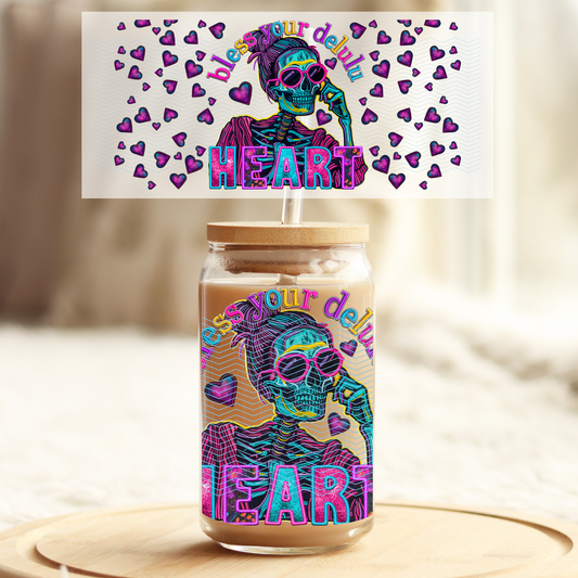 Vibrant color Skeleton Bless your Delulu heart V1 16oz Glass UV DTF Transfer Film