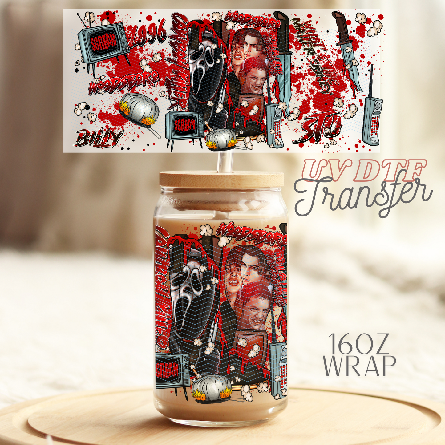 Spooky Scary Movies Bloody - 16oz UV DTF Transfer Film