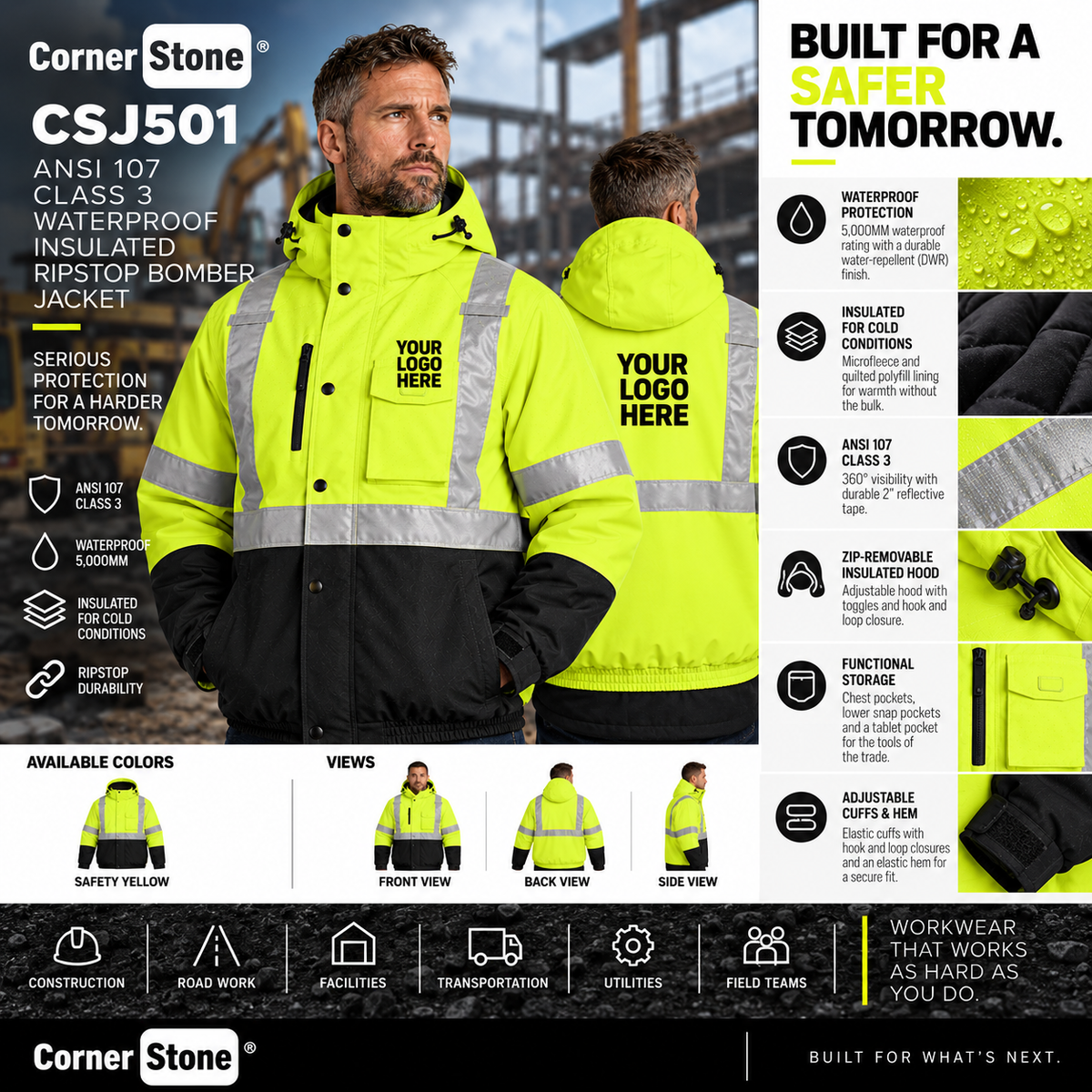 Custom ANSI Class 3 Waterproof Insulated Bomber Jacket | CornerStone CSJ501