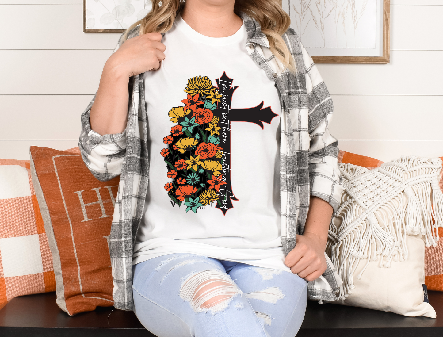 Floral Cross out here trusting God DTF Transfer Film 1698