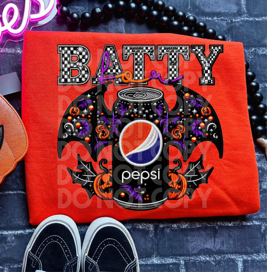 Halloween Batty drink soda v2 Faux Embroidery DTF Transfer Film TE084