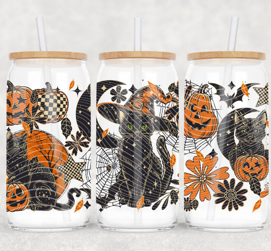 Fall Black Cat Flowers 16oz UV DTF Transfer Film A075