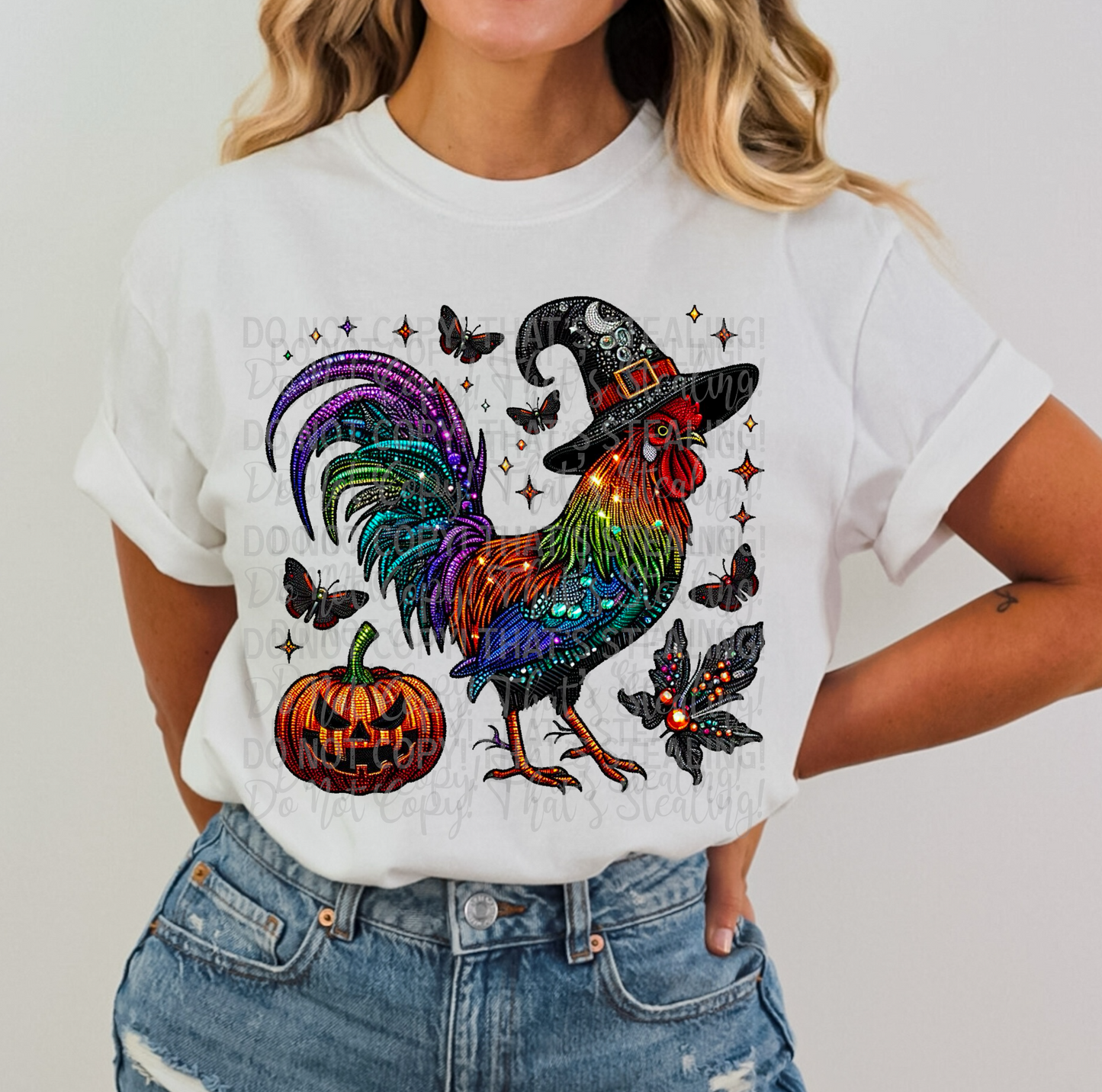 Witchy Rooster Faux Rhinestone Faux Embroidery DTF Transfer Film
