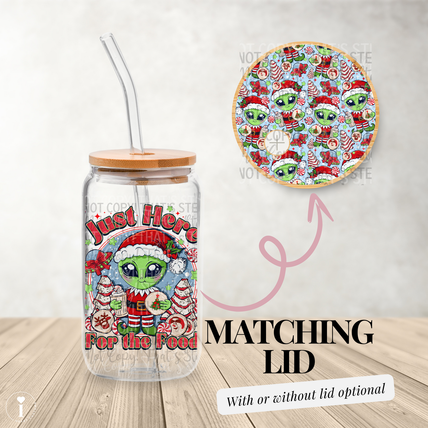 Christmas Alien Just here for the food - 16oz UV DTF Transfer Film Wrap and Matching Lid G114