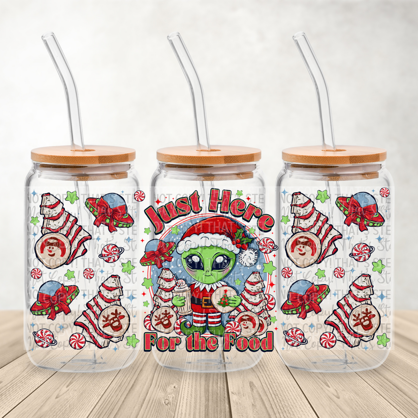 Christmas Alien Just here for the food - 16oz UV DTF Transfer Film Wrap and Matching Lid G114