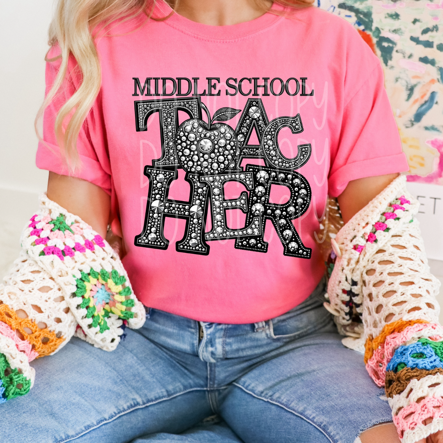 Middle School Teacher - Faux Rhinestone Faux Embroidered DTF Transfer Film