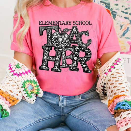 Elementary School Teacher - Faux Rhinestone Faux Embroidered DTF Transfer Film