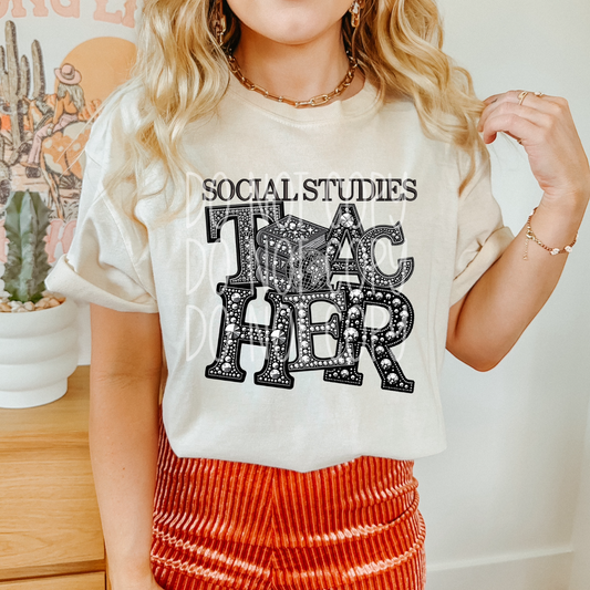 Social Studies Teacher - Faux Rhinestone Faux Embroidered DTF Transfer Film