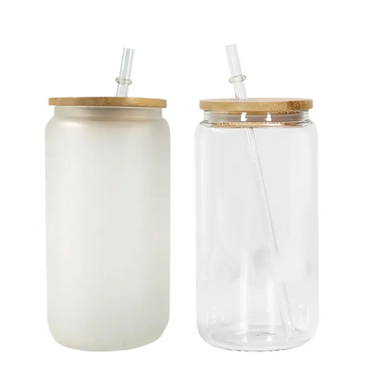 Sublimation/ UV DTF 16 oz Frosted or Clear Glass Tumbler with Bamboo Lid
