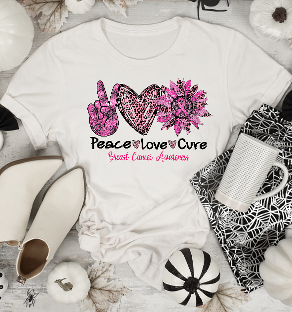 Peace Love Cure Breast Cancer Awareness Flower DTF Transfer Film 9174