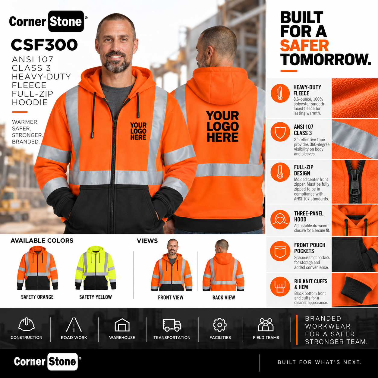 Custom ANSI Class 3 Full-Zip Safety Hoodie | CornerStone CSF300