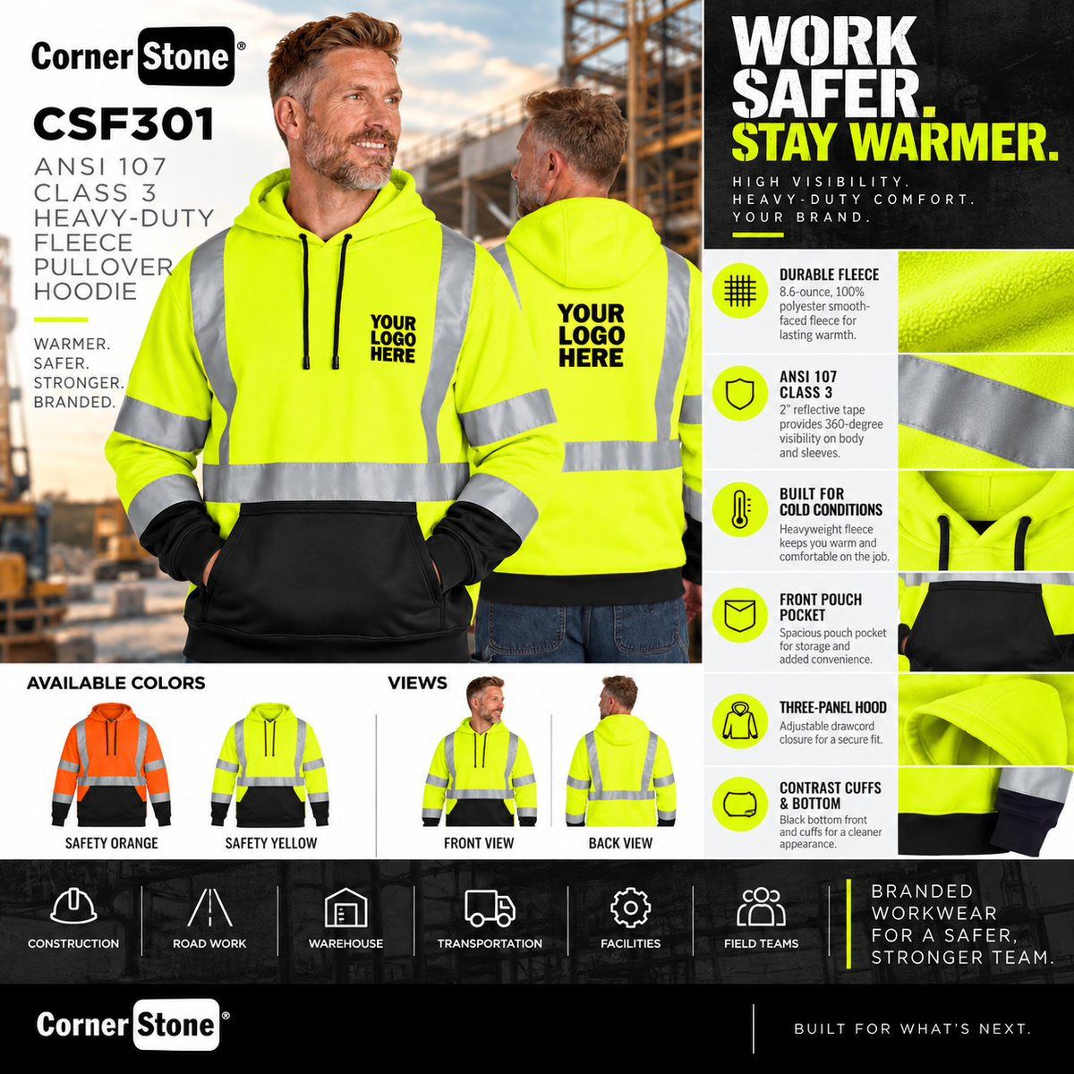 Custom ANSI Class 3 Safety Hoodie | CornerStone CSF301