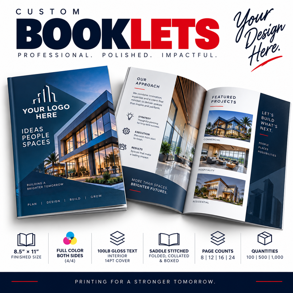Custom booklets promotional graphic showing three sample booklet spreads with modern building photography, large 'CUSTOM BOOKLETS' text, decorative script text, and feature icons along the bottom for size, color, text, stitching, page count, and quantity.