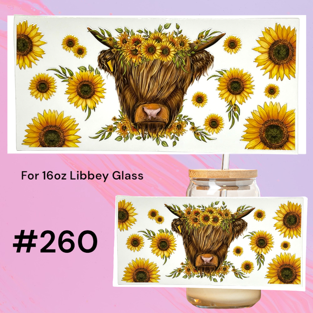 Sunflower highland cow 260 UV DTF 16oz Glass Wrap