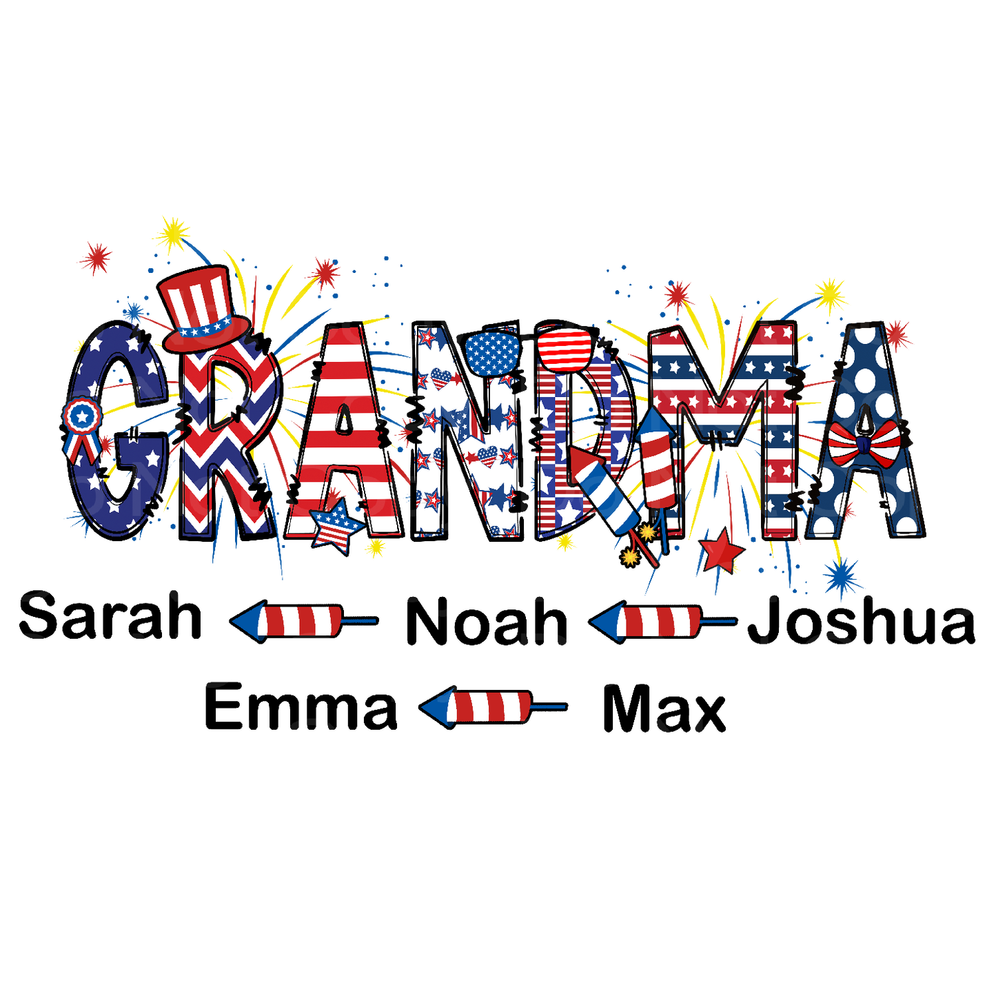 Customized it! July 4th Grandma with Grandchild Name, Up to 5 Names Transfer Film 5015