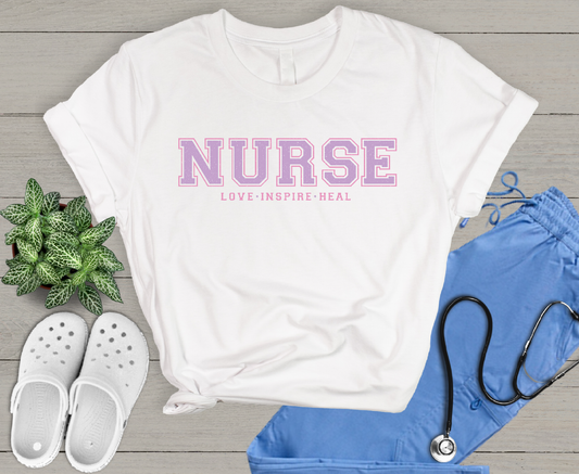 Purple Pink Nurse Love Inspire Heal Adult Cotton T-shirt
