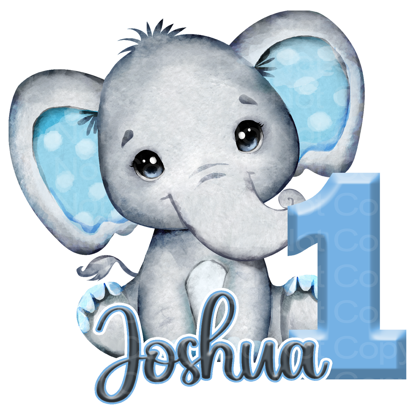 Customize it! 1st Birthday! Blue Baby Elephant with Name Transfer Film 5014