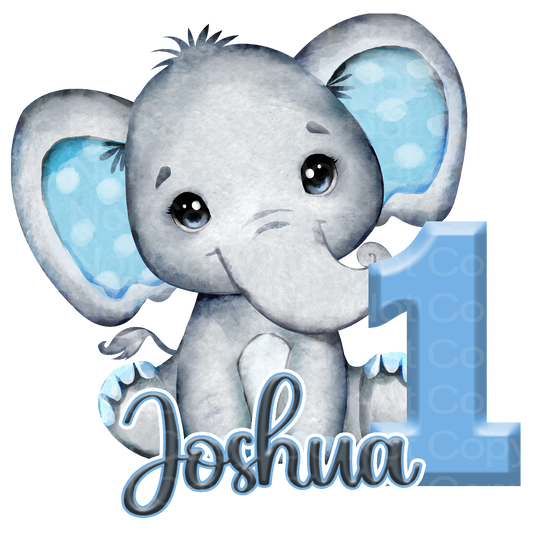 Customize it! 1st Birthday! Blue Baby Elephant with Name Transfer Film 5014
