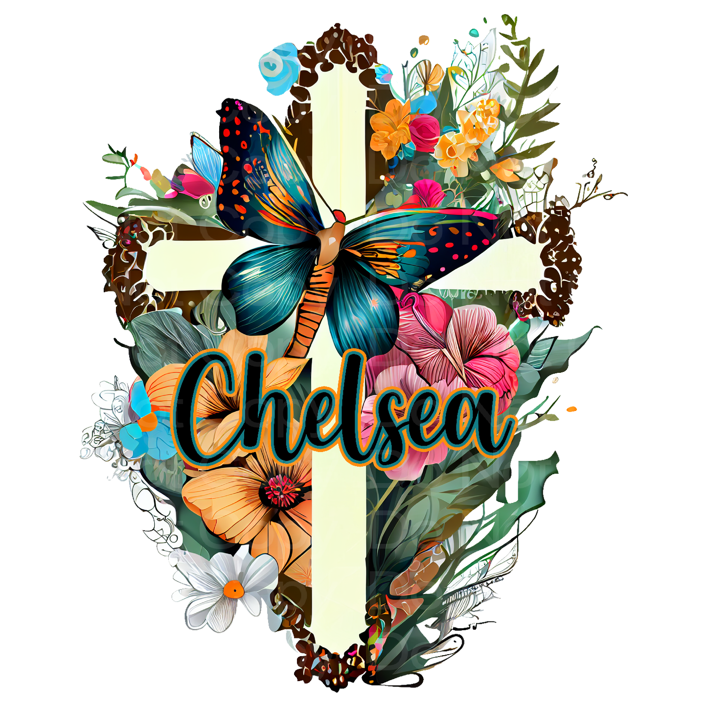 Customize it! Floral Cross Butterflies with Name Transfer Film 5016